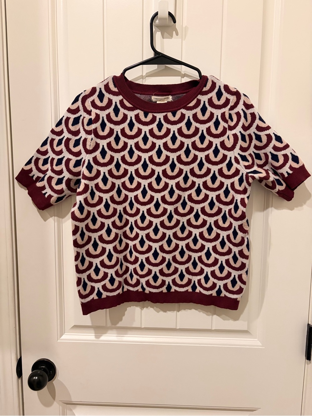 Christian Siriano Kids Burgundy, Cream & Navy Short-Sleeve Patterned Knit Top